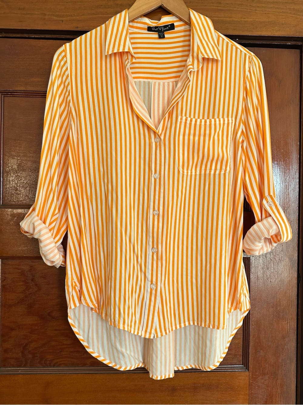 Velvet Heart White Orange Roll Tab Sleeve V-Neck Button Down Shirt Top Sz Small